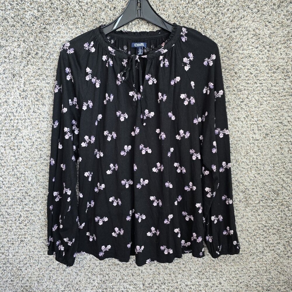 Chaps Top Womens Large Black Floral Print Long Sleeve Neck Tie Casual Ladies